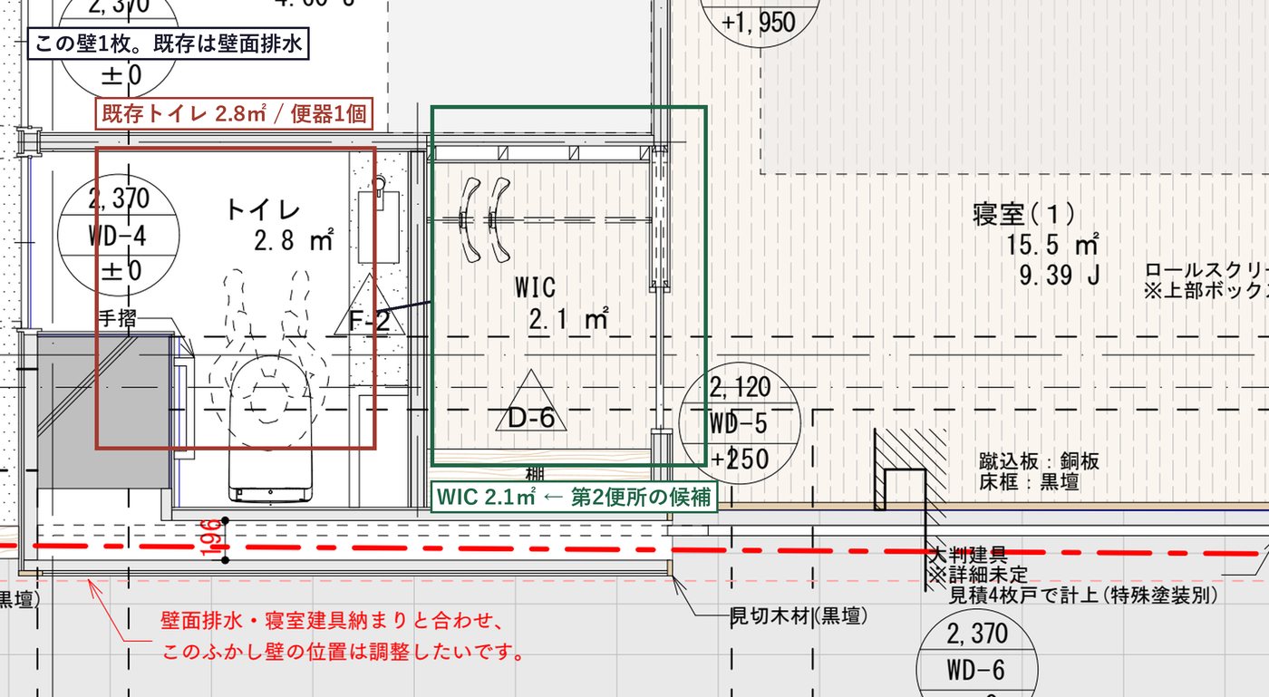 既存トイレとWICの位置関係の拡大図